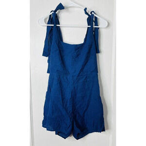 Line And Dot Womens Small Tie Shoulder Romper Jumpsuit Shorts Blue Straps Zip